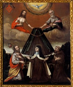 アビラの聖テレーズ イエスのテレーズとも呼ばれるカルメルの改革者（1582年没）のマントを持つ三位一体の聖像。スペイン派の絵画。17世紀。サン・ドニ、美術史博物館 作： Spanish School