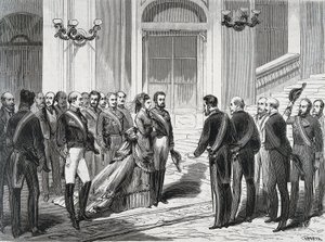 1871年3月19日、マドリッドの王宮に到着したスペイン国王アメデイー1世（Amedeo Ferdinando Maria di Savoia）（1845-1890）と妻のメアリー・ヴィクトリー（Victory dal Pozzo della Cisterna）（1847-1876）の肖像画。La Ilustracion Espanola y America」からのエングレーヴィング。 作： Spanish School