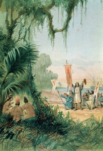 1492 年 10 月 12 日のサン サルバドル島へのクリストファー コロンブス (1451-1506) の着陸、「アメリカの発見」、パブ。 バルセロナ