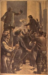1868年9月29日、バルセロナ市庁舎での革命評議会の宣言（紙に水彩と鉛筆） 作： Spanish School