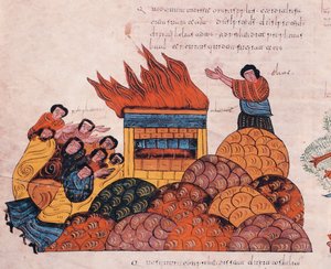 預言者エリアスは、カーメル山でイスラエルの神がバアルの司祭と火が天から落ちる前に立証されるように祈っています（I Kings 18）、fol.145v.。 作： Spanish School