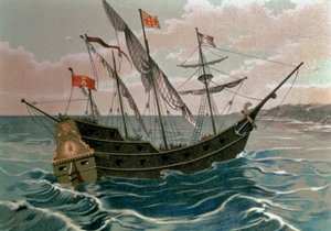 1492年に新世界の海岸に近づくサンタマリア、「アメリカの発見」、パブ. バルセロナ 作： Spanish School