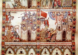 サラセン人によるキリスト教都市の包囲 聖マリアの歌（Cantigas de Santa Maria）」の写本の1ページからの詳細 聖マリアとその奇跡に捧げられた細密画を飾る、アルフォンの支配下で再制作された歌のコレクション 作： Spanish School