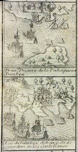 フランシスコ・ピサロが 180 人の兵士と 3 隻の船を率いてトゥンベスに到着 作： Spanish School