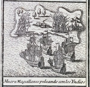 インディアンとの戦いでのマゼランの死 作： Spanish School
