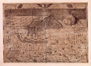 スペインのフィリップ4世（1605年〜1665年）の軍隊が海と陸を使ってバルセロナを本拠地とした、カタルーニャ地方の引き上げ、または刈り取り人の戦争（1640年〜1659年）。1652年のエングレーヴィング。バルセロナ市歴史博物館。 作： Spanish School