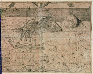 1640 年から 1652 年の死神の戦争中のフェリペ 4 世の軍隊によるバルセロナ市の包囲 (彫刻) 作： Spanish School