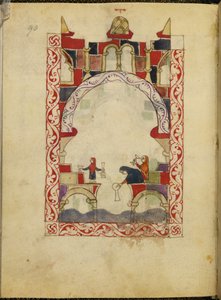 プールに器を浸す3人の女性。ヒスパノ＝モレスクのハガダの彩色写本、1300年頃、スペイン、Or.2737, フォール90（ヴェラム） 作： Spanish School
