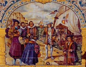スペインのチャールズ1世を描いたタイルは、1520年にアコルーニャの港から出港し、神聖ローマ皇帝（セラミック）としての彼の選挙を受け入れる準備をしています。