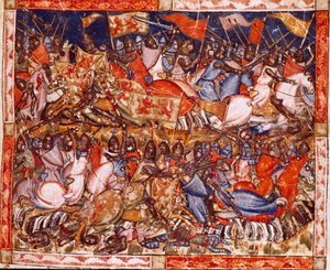 トロイア戦争：ヘクトルの活躍。スペインの写本 "Codex Benito de Santa Mora "の細密画のディテール 作： Spanish School
