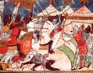 トロイア戦争：トロイア人がギリシャ人戦士の軍営に侵入する。スペインの写本 "Codex Benito de Santa Mora "の細密画の詳細 作： Spanish School