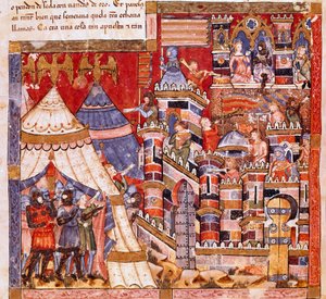 トロイ戦争：トロイの街とギリシャ人の野営地。スペインの写本 "Codex Benito de Santa Mora "の細密画のディテール 作： Spanish School