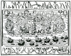 1548年のペドロメディナによる、リブロデグランデサスイコサスメモラルダーデエスパーニャからのリスボンの眺め 作： Spanish School