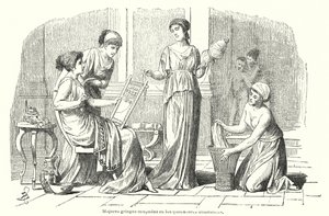 古代ギリシャで家事をする女性たち（リトグラフ 作： Spanish School