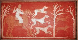 犬が獲物を追いかけている様子を描いた狩猟シーン。1150.ソリアのバウデリオ・デ・ベルランガの庵のフレスコ画。プラド美術館に保存されている。 作： Spanish School