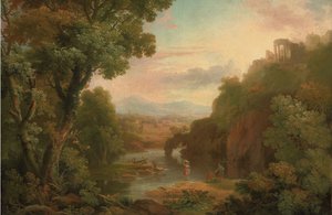 漁師と洗濯女がいる古典的な風景、丘の上の別荘とその向こうの山々 作： ジョージ・バレット卿