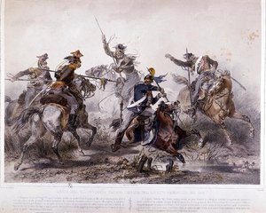 1848年のイタリア独立戦争におけるピエモンテ遠征中の英雄的事件（カラーリトグラフ） 作： Stanislas Grimaldi del Poggetto