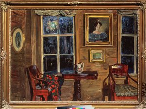 古い家で。 スタニスラフ・ユリアノビッチ・ジュコフスキー（ジュコフスキー）（1873-1944）による絵画、キャンバスに油彩 作： Stanislav Joulianovitch Joukovski