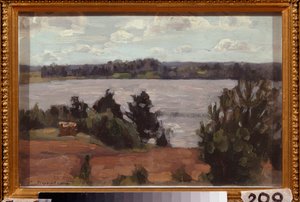 湖のほとり。 スタニスラフ・ユリアノビッチ・ジュコフスキー（ジュコフスキー）（1873-1944）の作品、ボール紙に油彩 作： Stanislav Joulianovitch Joukovski