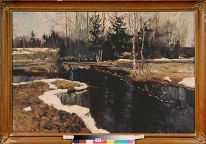 春の小川です。 Stanislav Yulianovich Joukovski (Zhukovsky) (1873-1944) による絵画、ブリキに油彩