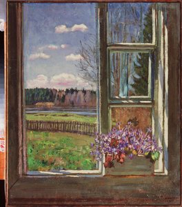 窓の前のスミレ。 Stanislav Yulianovich Zhukovsky（Joukovski）（1873-1944）による絵画、1931年のオイル。ロシア芸術、20世紀、現代美術。 州美術館、Dnepropetrovsk（ウクライナ）。 作： Stanislav Joulianovitch Joukovski