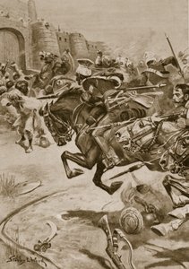 1828年12月、バラトプルにジャットを追い込む第11ランサーズとスキナーの馬（リトグラフ 作： Stanley L. (after) Wood