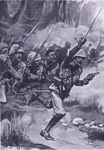 1874年1月31日、アモアフルでアシャンティ族を攻撃するイギリス人、イギリスと陸海の戦い1915年のイラスト 作： Stanley L. Wood