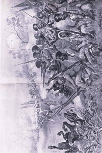 1849年1月13日、チリアンワラ：シーク教徒に囲まれたときに勇敢な立場をとる女神旅団、1915年の陸と海でのイギリスの戦いのイラスト 作： Stanley L. Wood