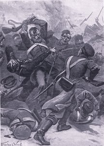 インカーマン：ロシア人に請求する第55（第2国境）連隊、陸と海でのイギリスの戦いのイラスト、1915 作： Stanley L. Wood