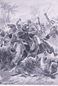 1857年6月30日、ラクナウ外での騎兵隊のボランティア、陸と海でのイギリスの戦い、1915年のイラスト 作： Stanley L. Wood