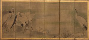 鶴と菊、桃山または江戸時代、1568-1868。 作： Sôtatsu