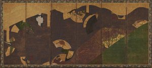 ツタのつる、橋、浮き扇、桃山時代または江戸時代、17 世紀初頭。 作： Sôtatsu