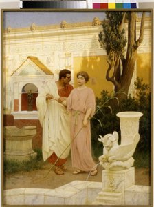 質問と回答 (古代ローマの宮殿の庭での夫婦の対話) - ステパン (ステファン) ウラジスラボヴィッチ バカロヴィチ (1857-1947) 作、キャンバスに油彩 作： Stefan Vladislavovich Bakalowicz