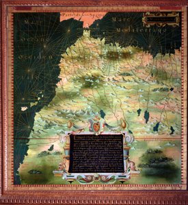 北アフリカ（モロッコ）とジブラルタル海峡 イタリアの宇宙学者・画家であるステファノ・ボンシニョーリ（？1581年頃。フィレンツェ、ヴェッキオ宮殿、マッパモンドの部屋（Sala del Mappamondo 作： Stefano Buonsignori