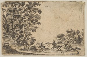 プレート 4: 鹿狩り、2 人の騎手が 3 匹の犬の後ろで右に向かって疾走し、...、1642 年以降。作成者: ステファノ デッラ ベッラ、不明。 作： Stefano della Bella