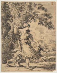 ニンフが大型犬の首輪を持っている図 1654年頃 作： Stefano della Bella