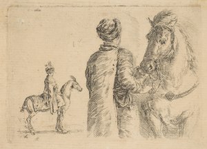 手綱で馬を保持しているポーランドの新郎、後ろから。 1662年。