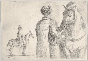 後ろから見た、馬の手綱を右に持っているポーランドの係員。 1662年。