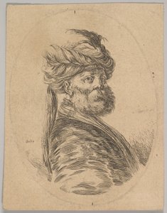 あごひげを生やし、前に長い羽を 1 本立てたターバンをかぶったトルコ人男性は、1650 年に 4 分の 3 になりました。