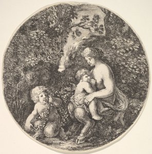 右に子供を母乳で育てる女性のサテュロス、左に向けて、サテュロスの子供...、1639年。 作： Stefano della Bella