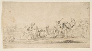 漁師が網を運び、左の男が俵を右に押して、2人の座席が...、1662年頃。 作： Stefano della Bella