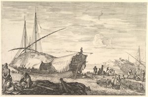 左の帆で覆われたギャレー、6つの大砲、4つの人々が前景で左...、ca。 1652-57。 作： Stefano della Bella