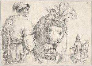 横顔の左側の男性が中央の馬に一握りの干し草を与え、騎手が馬に…、ca. 1662年。