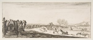 左に馬車の大砲の行列、戦闘中の騎手、そして死んだホー...、約。 1641年。 作： Stefano della Bella