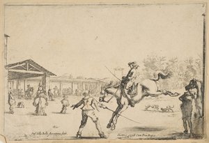 乗馬学校、剣を持つ別の男によって監督された剣ジャンプを持つ騎士...、ca。 1645年。 作： Stefano della Bella