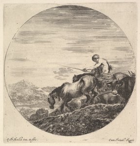 羊飼いの右、左向き、動物の群れを下り坂、丸いコンプ...、およそ1643-48。 作： Stefano della Bella