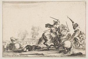 小競り合い、2人の騎士が剣を右に向けて戦っています。 1645年。 作： Stefano della Bella