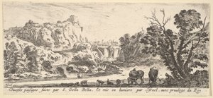 中央の背景にある山から下る滝、さまざまな動物、...、ca。 1641年。 作： Stefano della Bella