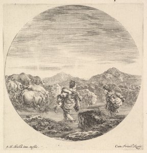 後ろから見た中央に子供を抱えた女性、右側に別の女性、facin..., ca. 1643-48。 作： Stefano della Bella