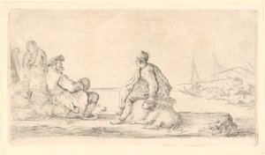 年配の水兵と若い水兵が海辺に座っている 作： Stefano della Bella